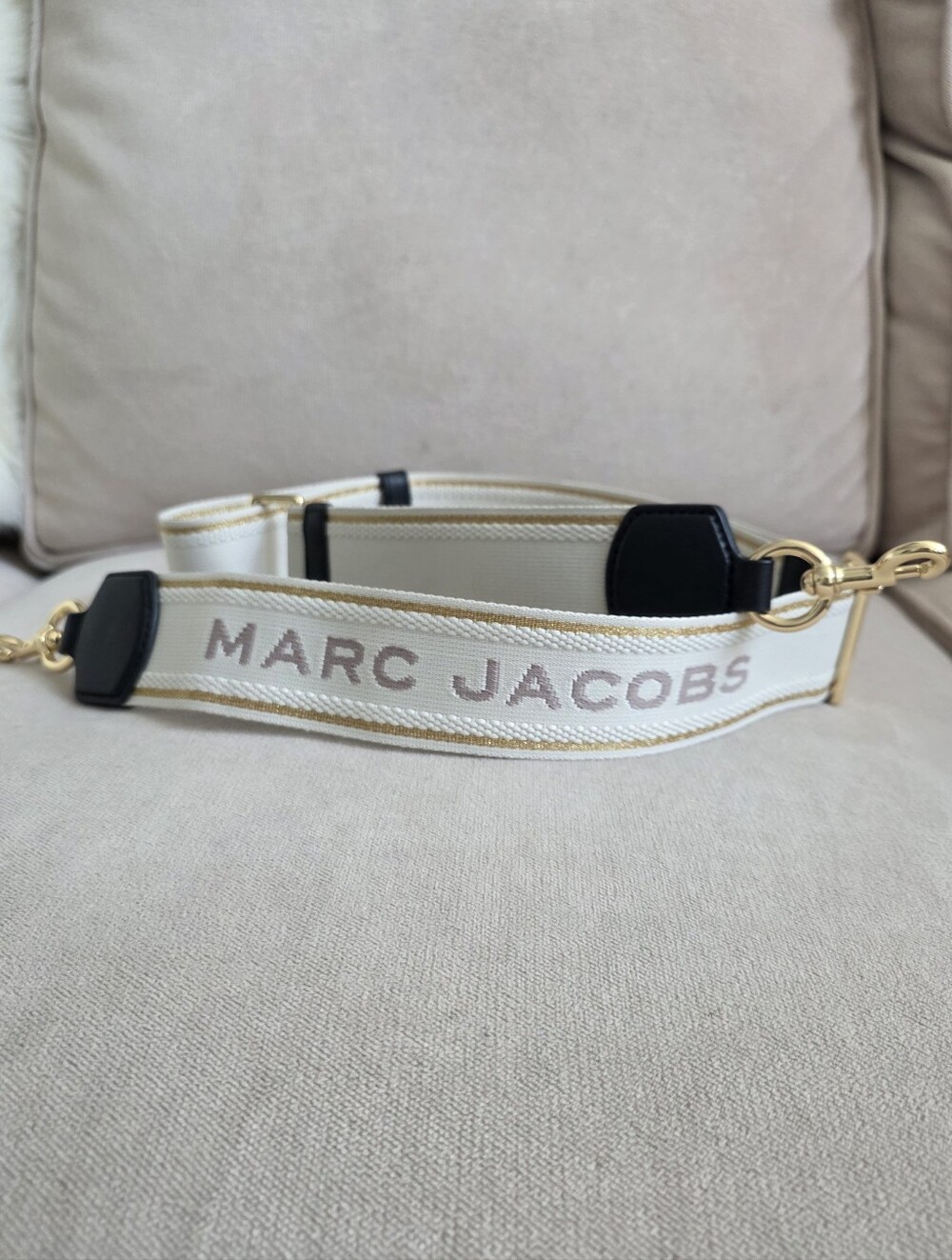 Marc Jacobs Logo Webbing Crossbody Bag Strap Cream Gold Metallic Guitar Lux - Picture 9 of 9